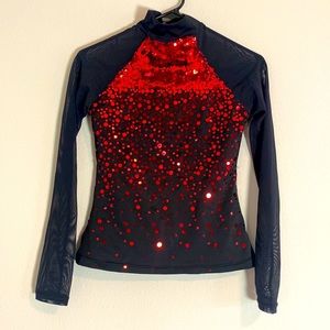 Balera Dance top, SA, Small Adult, black mesh with red sequins, snap closure